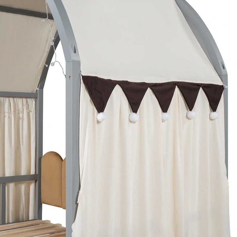 Cama de plataforma de madera maciza para juegos, cama Montessori con techo arqueado y nido para niñas y niños