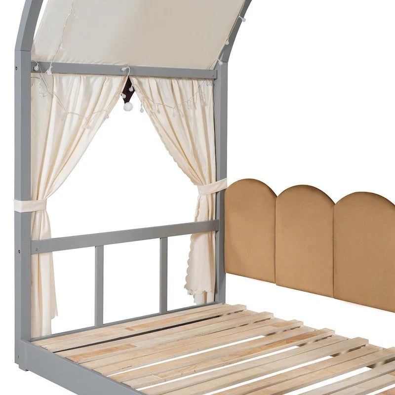 Cama de plataforma de madera maciza para juegos, cama Montessori con techo arqueado y nido para niñas y niños
