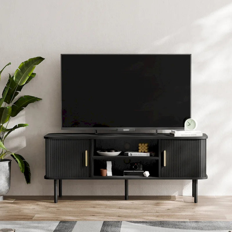 Mueble de TV Tambour Negro/Marrón con Puertas Correderas, Montaje entre 2 Personas, 119 cm o 152 cm de Ancho