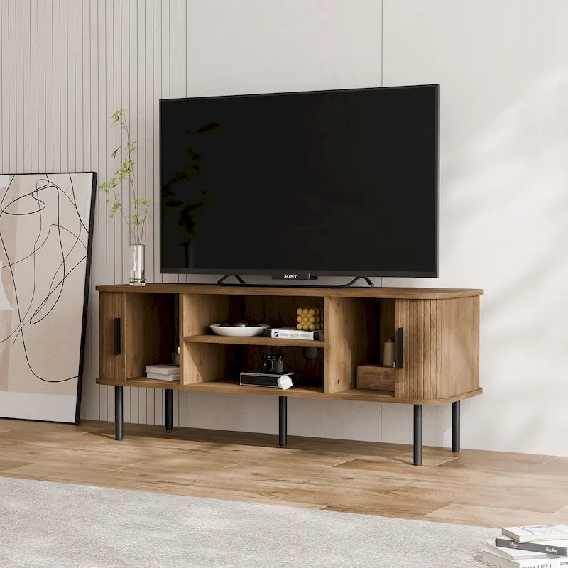 Mueble de TV Tambour Negro/Marrón con Puertas Correderas, Montaje entre 2 Personas, 119 cm o 152 cm de Ancho