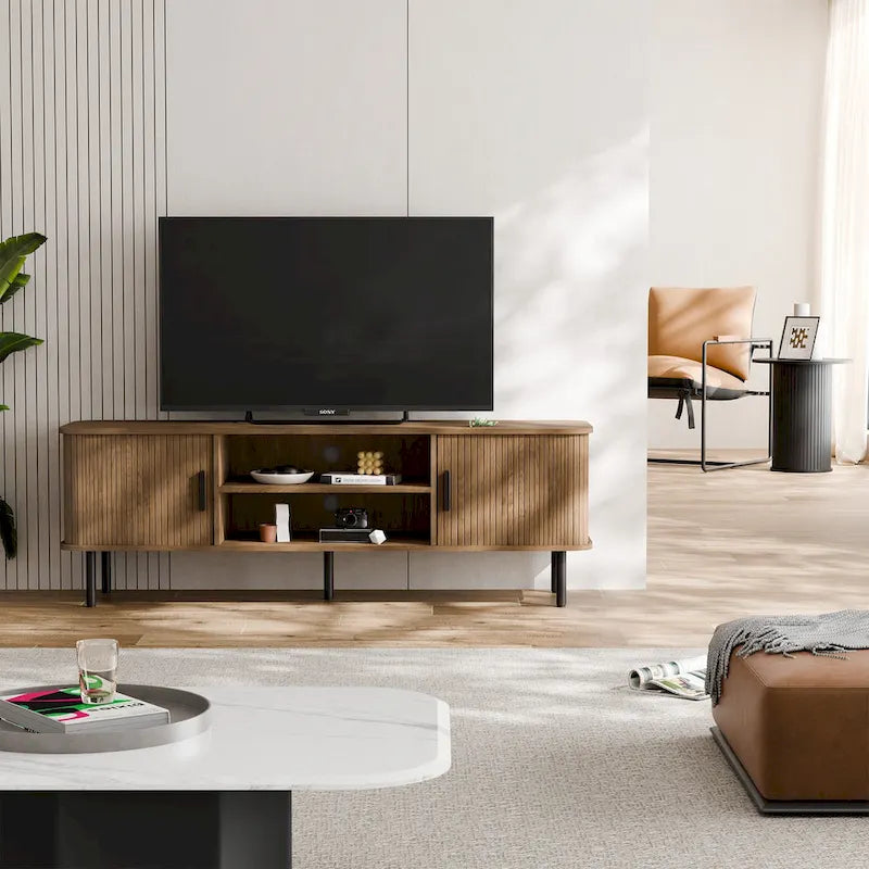 Mueble de TV Tambour Negro/Marrón con Puertas Correderas, Montaje entre 2 Personas, 119 cm o 152 cm de Ancho