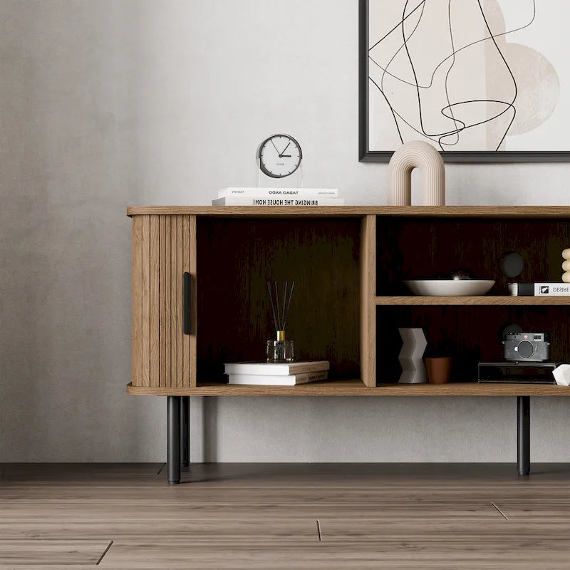 Mueble de TV Tambour Negro/Marrón con Puertas Correderas, Montaje entre 2 Personas, 119 cm o 152 cm de Ancho