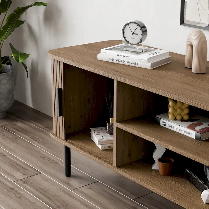 Mueble de TV Tambour Negro/Marrón con Puertas Correderas, Montaje entre 2 Personas, 119 cm o 152 cm de Ancho