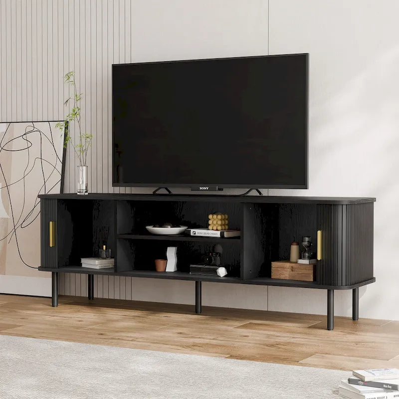Mueble de TV Tambour Negro/Marrón con Puertas Correderas, Montaje entre 2 Personas, 119 cm o 152 cm de Ancho