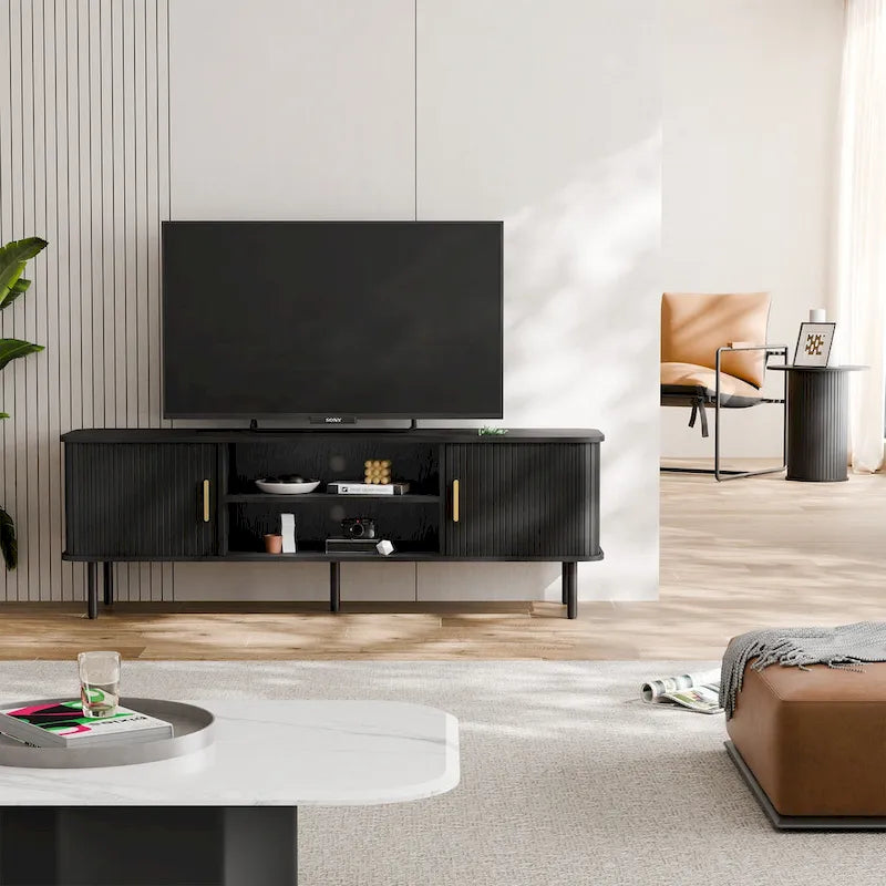Mueble de TV Tambour Negro/Marrón con Puertas Correderas, Montaje entre 2 Personas, 119 cm o 152 cm de Ancho