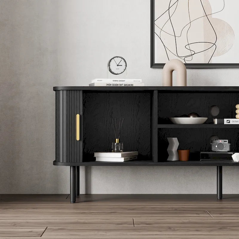 Mueble de TV Tambour Negro/Marrón con Puertas Correderas, Montaje entre 2 Personas, 119 cm o 152 cm de Ancho