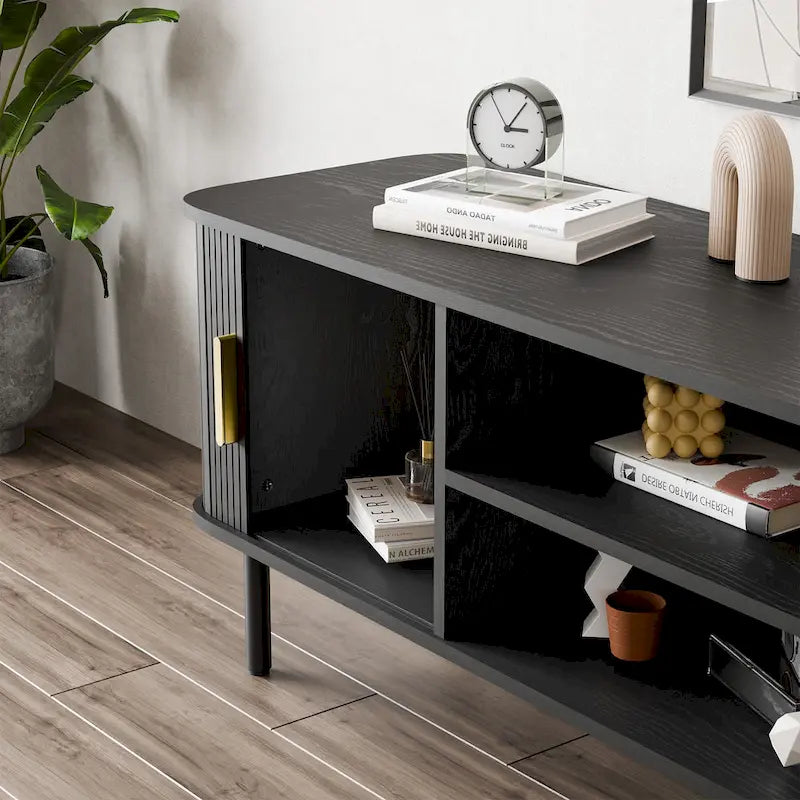 Mueble de TV Tambour Negro/Marrón con Puertas Correderas, Montaje entre 2 Personas, 119 cm o 152 cm de Ancho