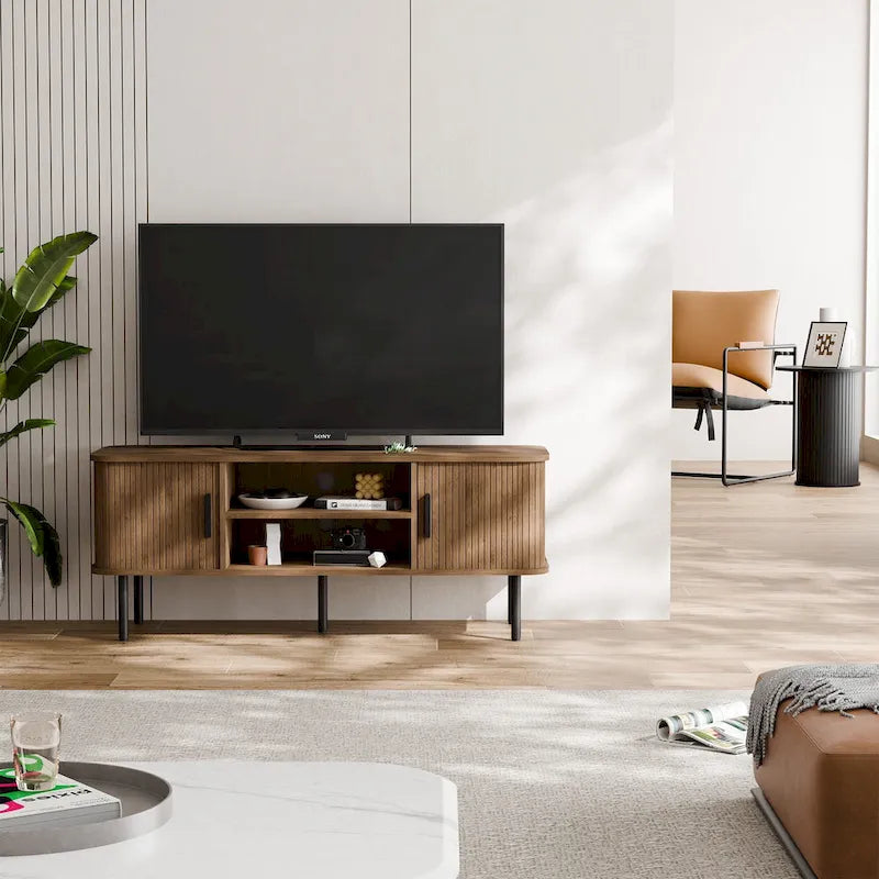 Mueble de TV Tambour Negro/Marrón con Puertas Correderas, Montaje entre 2 Personas, 119 cm o 152 cm de Ancho