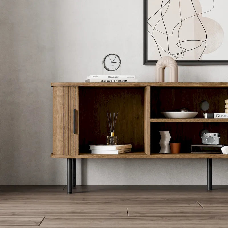 Mueble de TV Tambour Negro/Marrón con Puertas Correderas, Montaje entre 2 Personas, 119 cm o 152 cm de Ancho