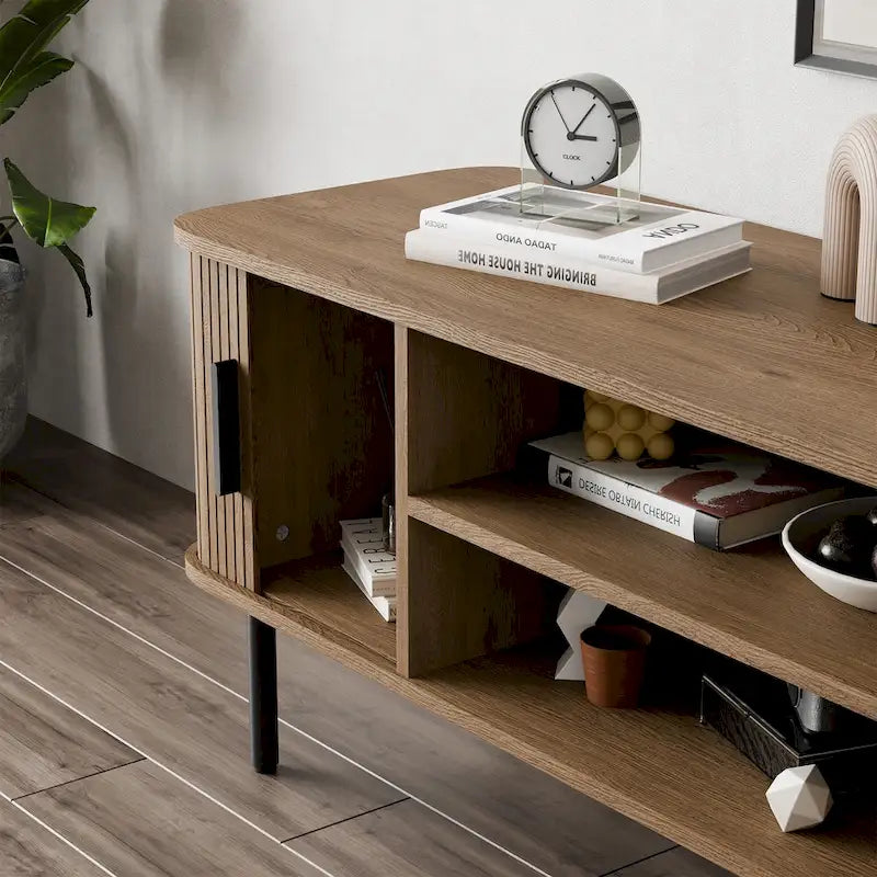 Mueble de TV Tambour Negro/Marrón con Puertas Correderas, Montaje entre 2 Personas, 119 cm o 152 cm de Ancho