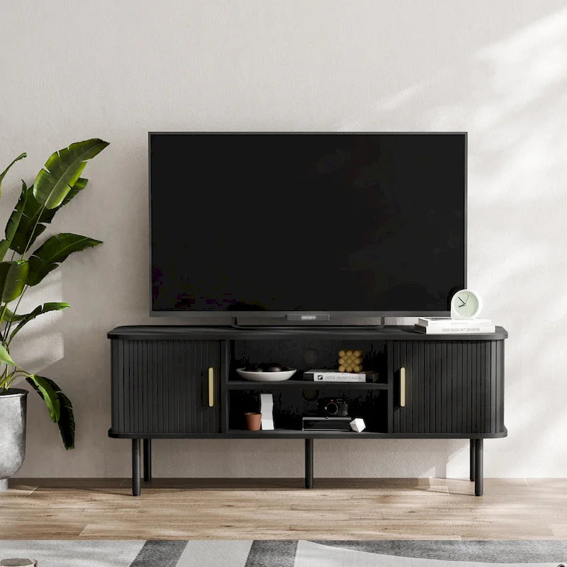 Mueble de TV Tambour Negro/Marrón con Puertas Correderas, Montaje entre 2 Personas, 119 cm o 152 cm de Ancho