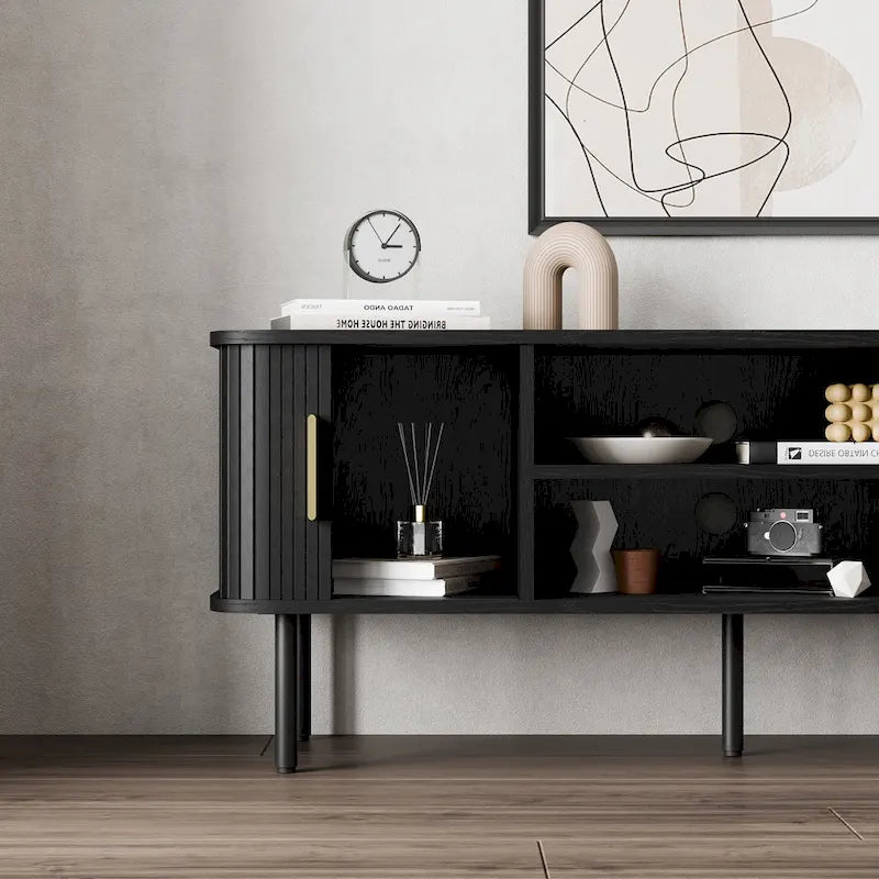 Mueble de TV Tambour Negro/Marrón con Puertas Correderas, Montaje entre 2 Personas, 119 cm o 152 cm de Ancho