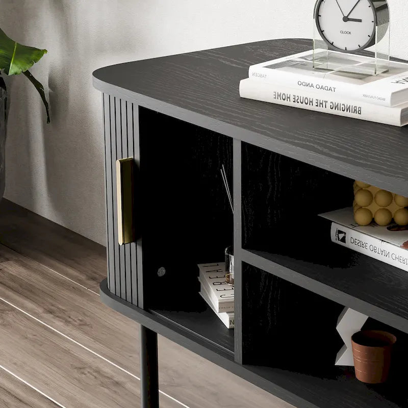 Mueble de TV Tambour Negro/Marrón con Puertas Correderas, Montaje entre 2 Personas, 119 cm o 152 cm de Ancho
