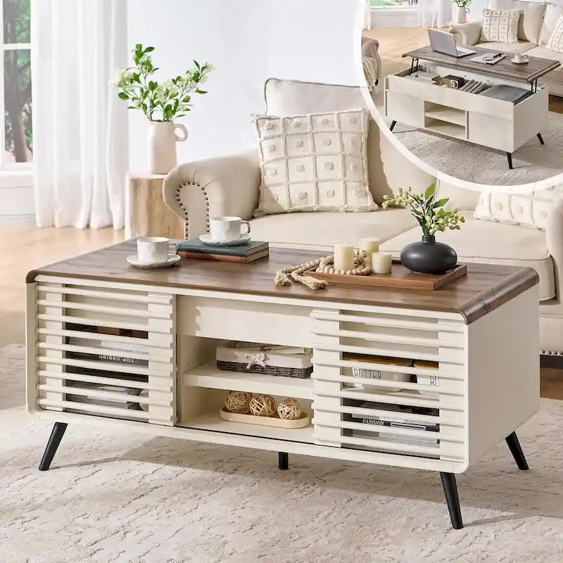 Mesa de centro elevable de mediados de siglo en blanco antiguo/roble natural con almacenamiento, para 1