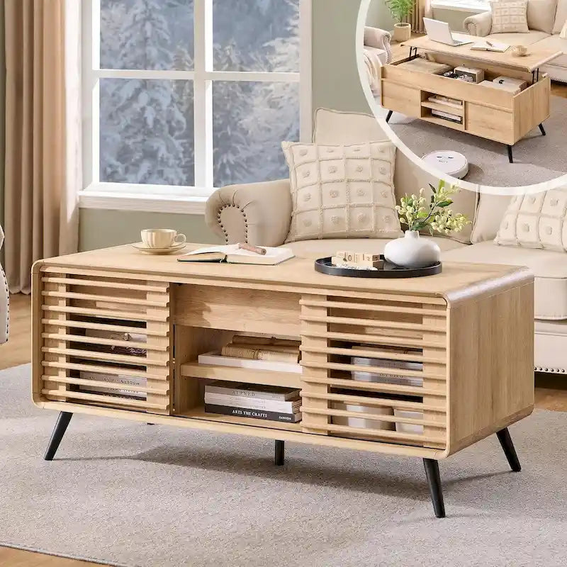 Mesa de centro elevable de mediados de siglo en blanco antiguo/roble natural con almacenamiento, para 1