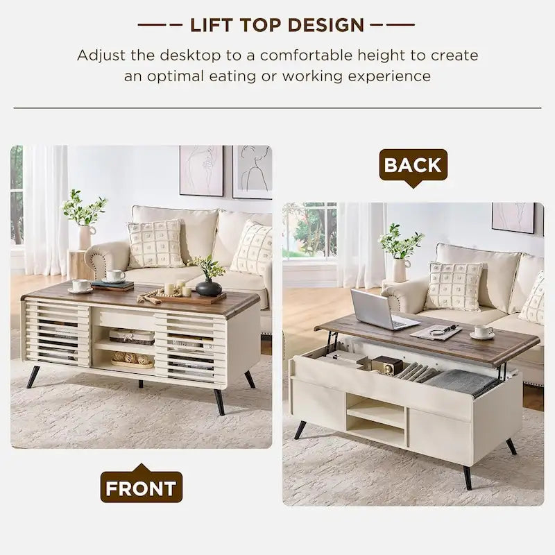 Mesa de centro elevable de mediados de siglo en blanco antiguo/roble natural con almacenamiento, para 1