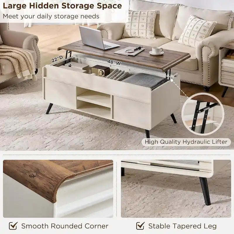 Mesa de centro elevable de mediados de siglo en blanco antiguo/roble natural con almacenamiento, para 1