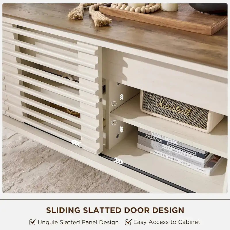 Mesa de centro elevable de mediados de siglo en blanco antiguo/roble natural con almacenamiento, para 1