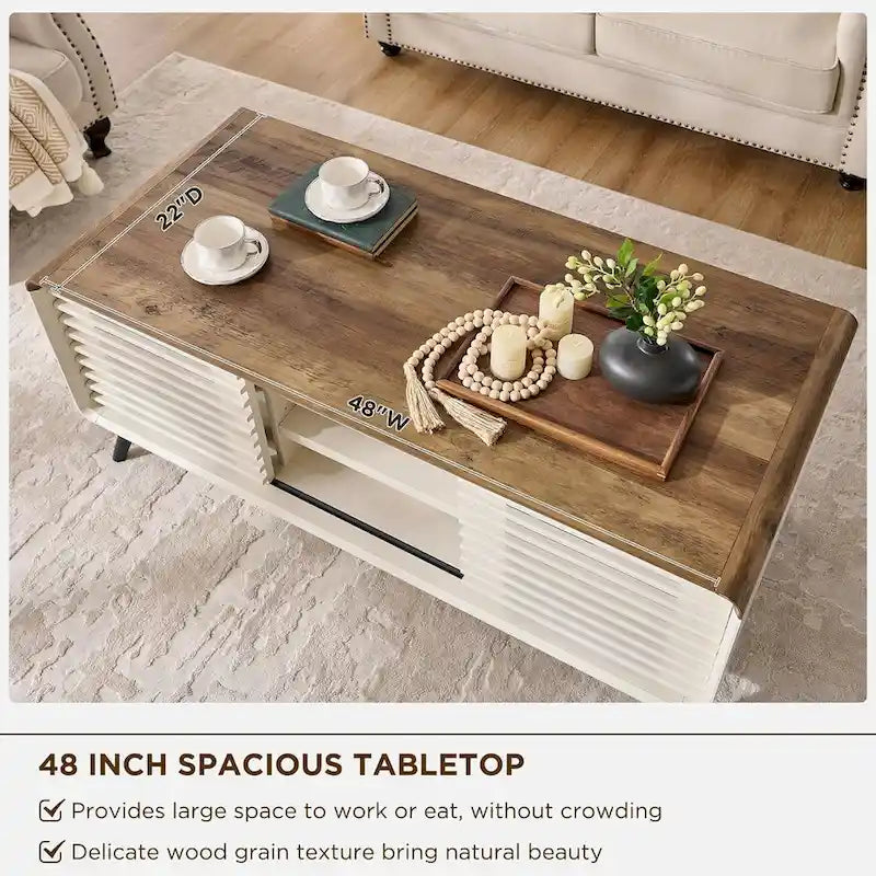 Mesa de centro elevable de mediados de siglo en blanco antiguo/roble natural con almacenamiento, para 1