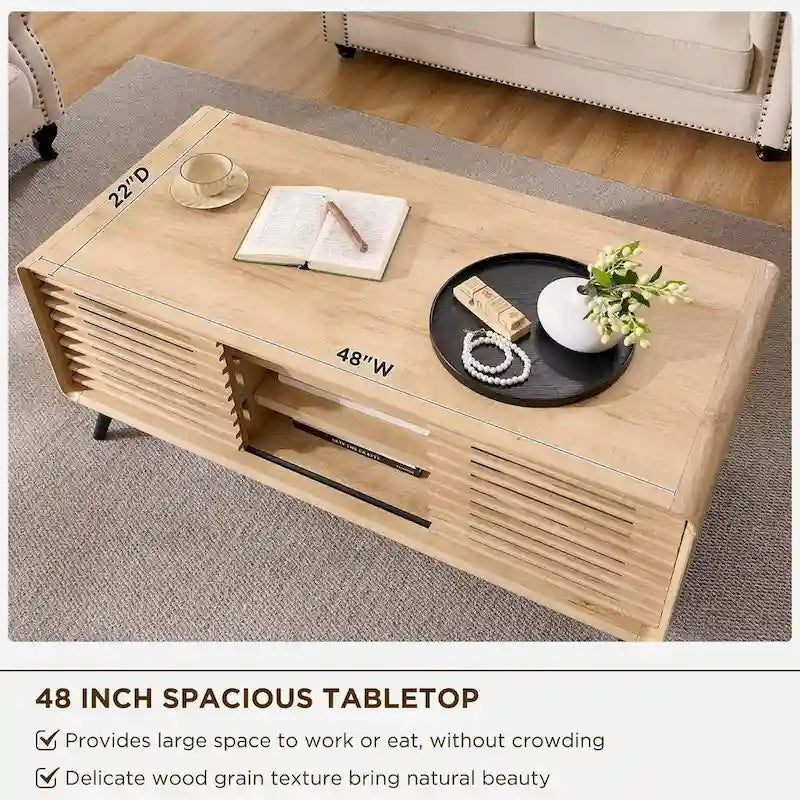 Mesa de centro elevable de mediados de siglo en blanco antiguo/roble natural con almacenamiento, para 1