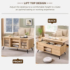 Mesa de centro elevable de mediados de siglo en blanco antiguo/roble natural con almacenamiento, para 1