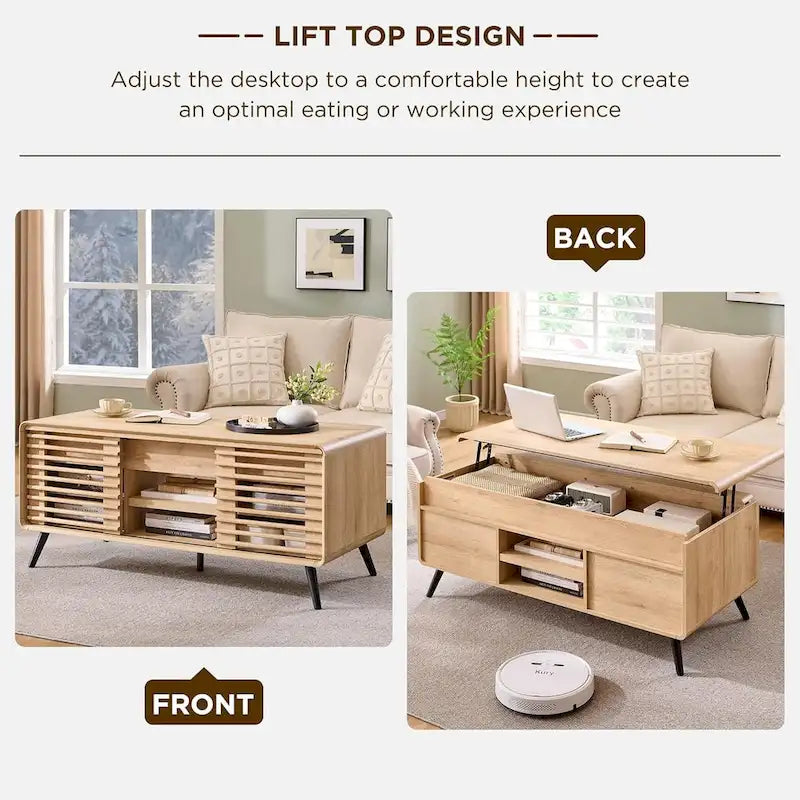 Mesa de centro elevable de mediados de siglo en blanco antiguo/roble natural con almacenamiento, para 1