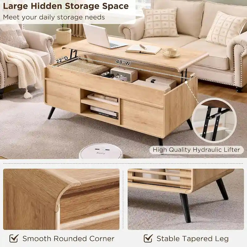 Mesa de centro elevable de mediados de siglo en blanco antiguo/roble natural con almacenamiento, para 1
