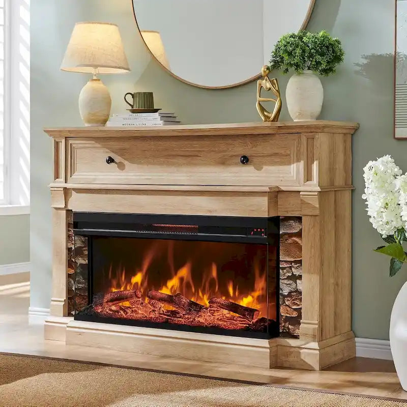 Mueble de TV de estilo rústico en Roble Natural / Blanco / Roble Oscuro con chimenea eléctrica de cristal de 3 lados, apto para televisores de hasta 65 pulgadas