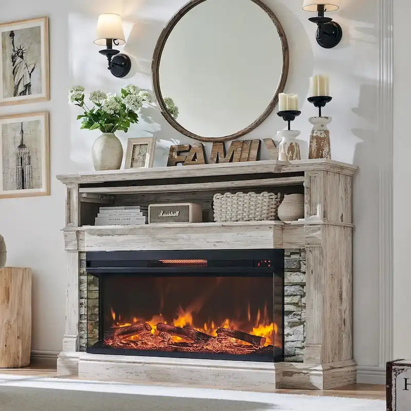 Mueble de TV de estilo rústico en Roble Natural / Blanco / Roble Oscuro con chimenea eléctrica de cristal de 3 lados, apto para televisores de hasta 65 pulgadas