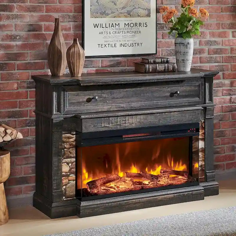 Mueble de TV de estilo rústico en Roble Natural / Blanco / Roble Oscuro con chimenea eléctrica de cristal de 3 lados, apto para televisores de hasta 65 pulgadas