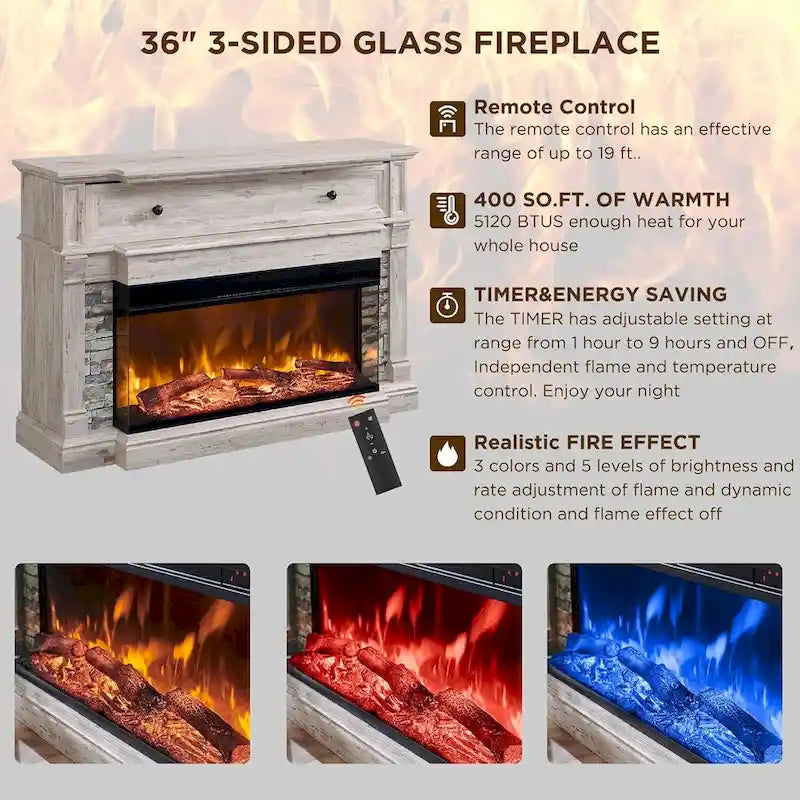 Mueble de TV de estilo rústico en Roble Natural / Blanco / Roble Oscuro con chimenea eléctrica de cristal de 3 lados, apto para televisores de hasta 65 pulgadas