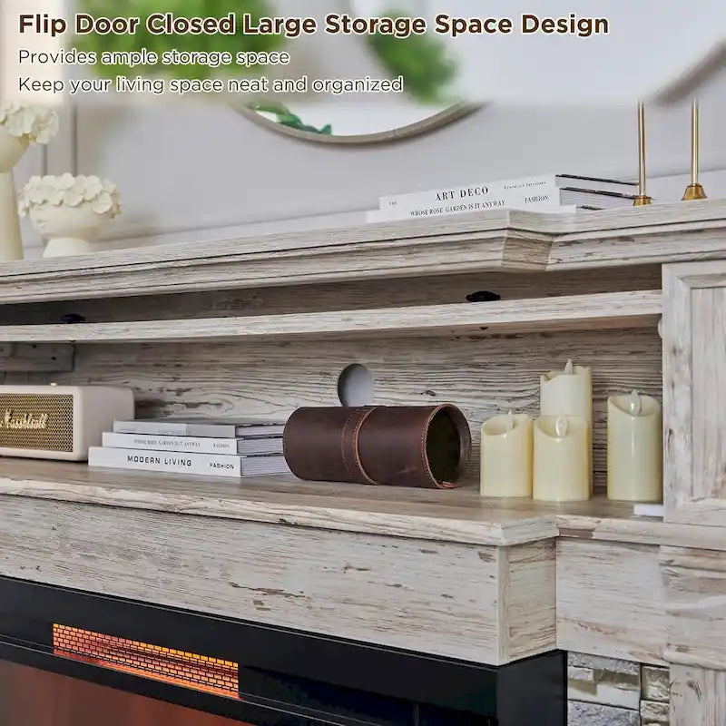 Mueble de TV de estilo rústico en Roble Natural / Blanco / Roble Oscuro con chimenea eléctrica de cristal de 3 lados, apto para televisores de hasta 65 pulgadas