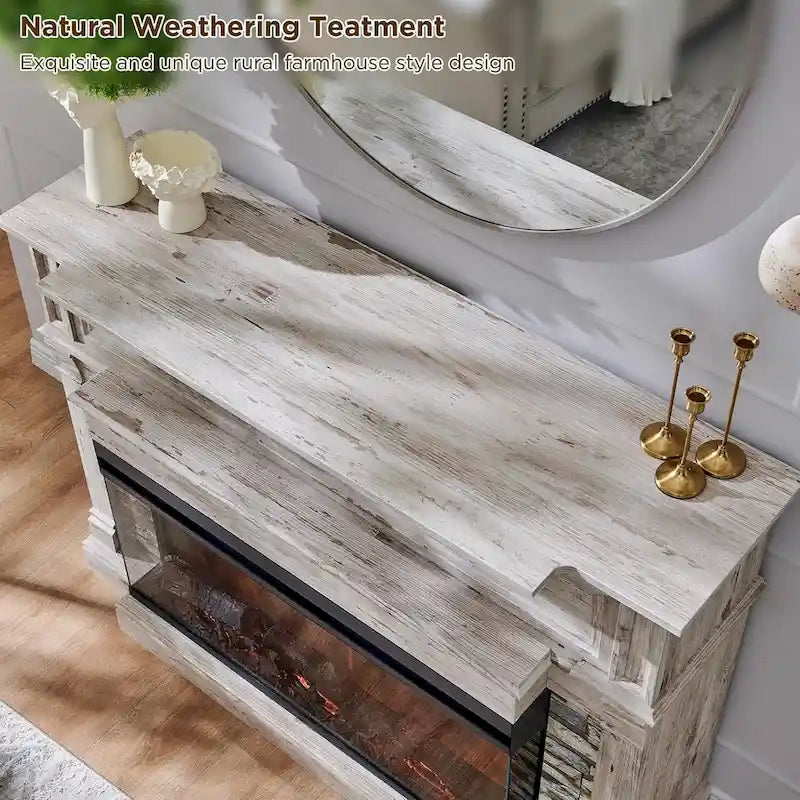 Mueble de TV de estilo rústico en Roble Natural / Blanco / Roble Oscuro con chimenea eléctrica de cristal de 3 lados, apto para televisores de hasta 65 pulgadas