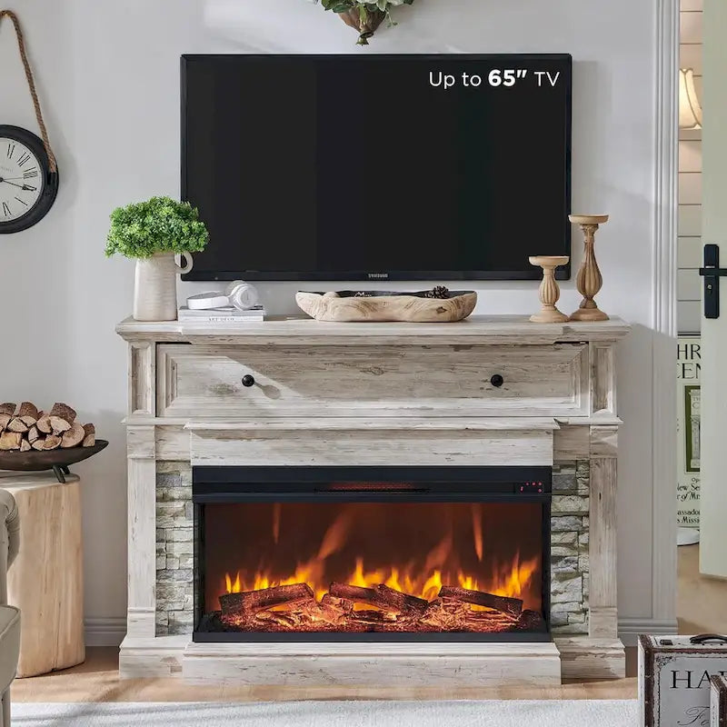 Mueble de TV de estilo rústico en Roble Natural / Blanco / Roble Oscuro con chimenea eléctrica de cristal de 3 lados, apto para televisores de hasta 65 pulgadas