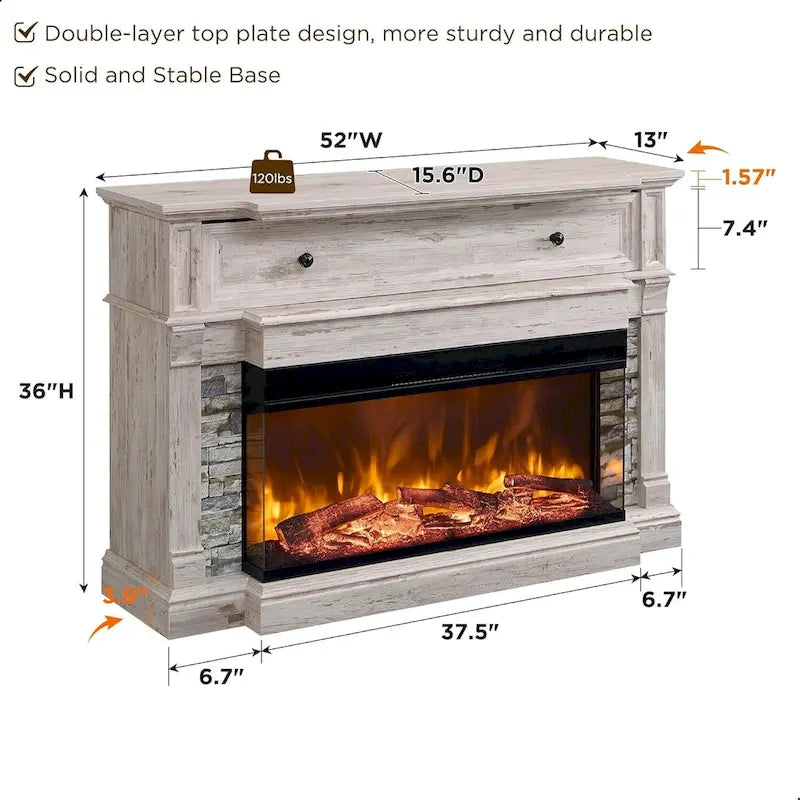 Mueble de TV de estilo rústico en Roble Natural / Blanco / Roble Oscuro con chimenea eléctrica de cristal de 3 lados, apto para televisores de hasta 65 pulgadas
