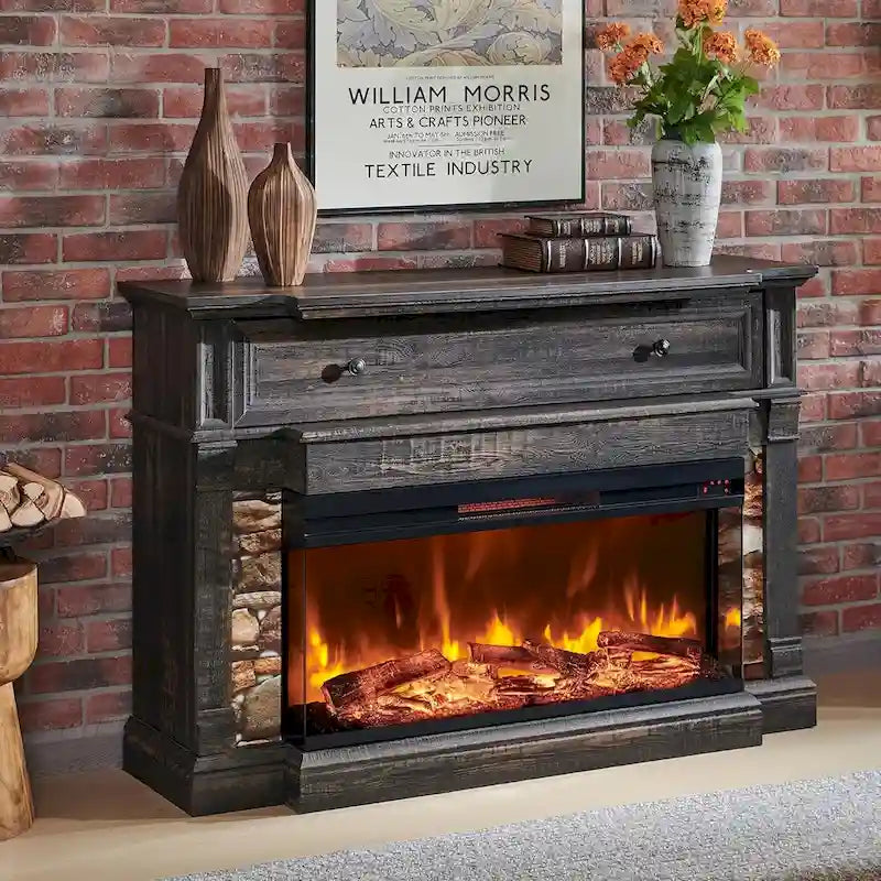 Mueble de TV de estilo rústico en Roble Natural / Blanco / Roble Oscuro con chimenea eléctrica de cristal de 3 lados, apto para televisores de hasta 65 pulgadas