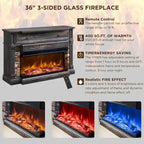 Mueble de TV de estilo rústico en Roble Natural / Blanco / Roble Oscuro con chimenea eléctrica de cristal de 3 lados, apto para televisores de hasta 65 pulgadas