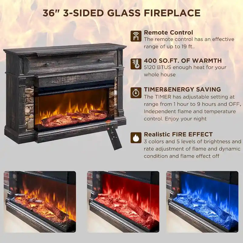 Mueble de TV de estilo rústico en Roble Natural / Blanco / Roble Oscuro con chimenea eléctrica de cristal de 3 lados, apto para televisores de hasta 65 pulgadas