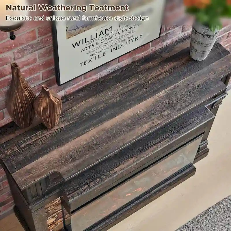 Mueble de TV de estilo rústico en Roble Natural / Blanco / Roble Oscuro con chimenea eléctrica de cristal de 3 lados, apto para televisores de hasta 65 pulgadas