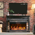 Mueble de TV de estilo rústico en Roble Natural / Blanco / Roble Oscuro con chimenea eléctrica de cristal de 3 lados, apto para televisores de hasta 65 pulgadas