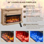 Mueble de TV de estilo rústico en Roble Natural / Blanco / Roble Oscuro con chimenea eléctrica de cristal de 3 lados, apto para televisores de hasta 65 pulgadas