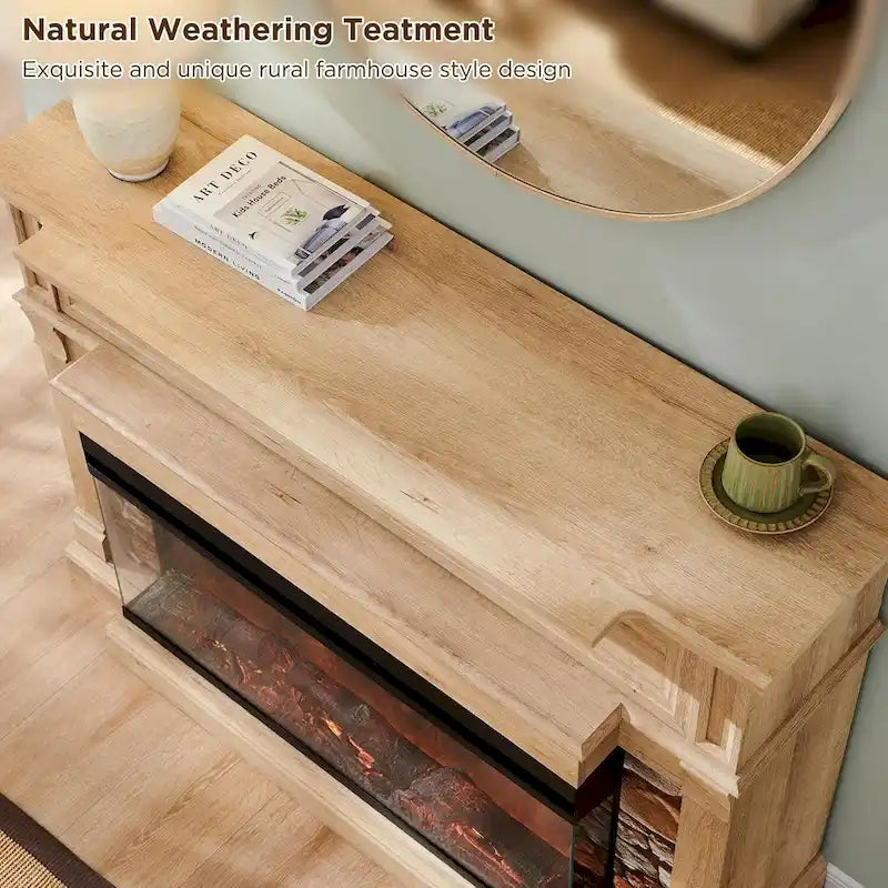 Mueble de TV de estilo rústico en Roble Natural / Blanco / Roble Oscuro con chimenea eléctrica de cristal de 3 lados, apto para televisores de hasta 65 pulgadas