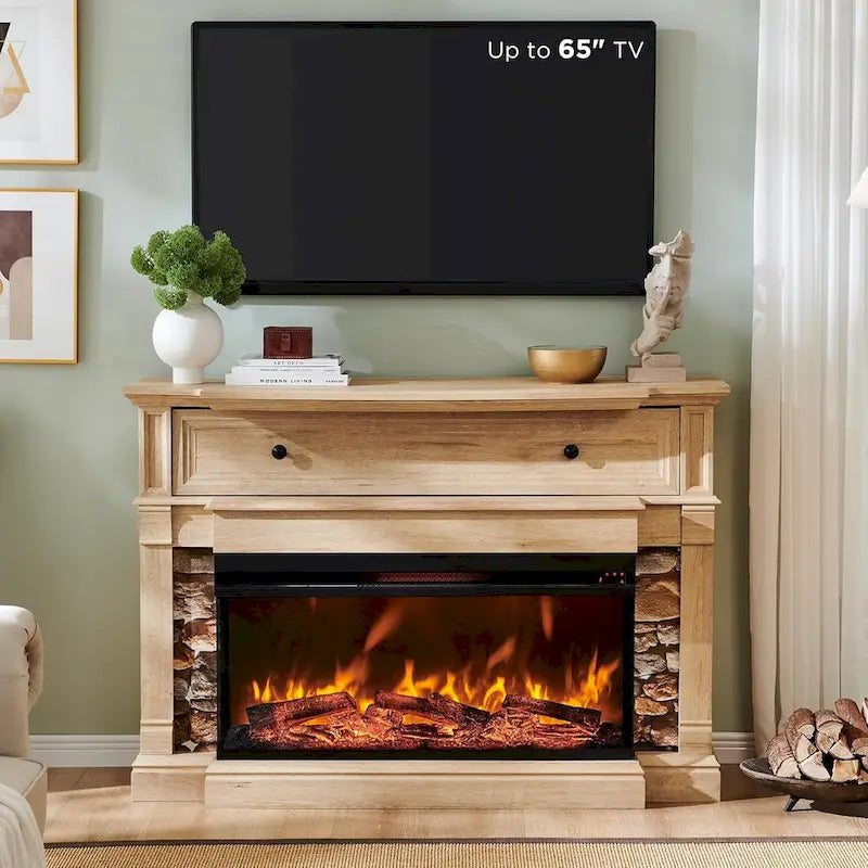 Mueble de TV de estilo rústico en Roble Natural / Blanco / Roble Oscuro con chimenea eléctrica de cristal de 3 lados, apto para televisores de hasta 65 pulgadas