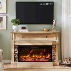 Mueble de TV de estilo rústico en Roble Natural / Blanco / Roble Oscuro con chimenea eléctrica de cristal de 3 lados, apto para televisores de hasta 65 pulgadas