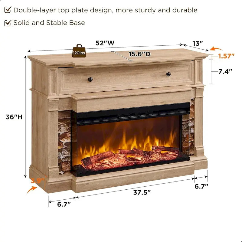 Mueble de TV de estilo rústico en Roble Natural / Blanco / Roble Oscuro con chimenea eléctrica de cristal de 3 lados, apto para televisores de hasta 65 pulgadas