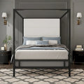 Negro Blanco / Dorado Crema, Cama con Dosel de Metal con Cabecero de Lino, 4 Postes, Queen / King