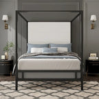 Negro Blanco / Dorado Crema, Cama con Dosel de Metal con Cabecero de Lino, 4 Postes, Queen / King