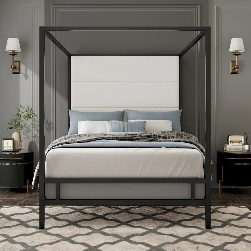Negro Blanco / Dorado Crema, Cama con Dosel de Metal con Cabecero de Lino, 4 Postes, Queen / King
