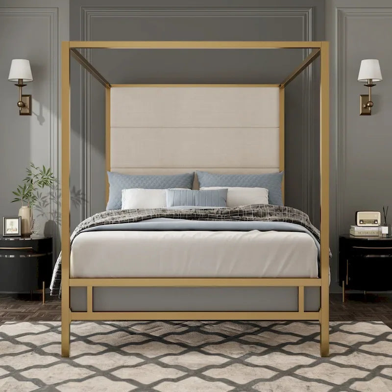 Negro Blanco / Dorado Crema, Cama con Dosel de Metal con Cabecero de Lino, 4 Postes, Queen / King