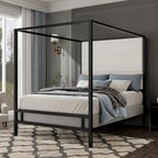 Negro Blanco / Dorado Crema, Cama con Dosel de Metal con Cabecero de Lino, 4 Postes, Queen / King